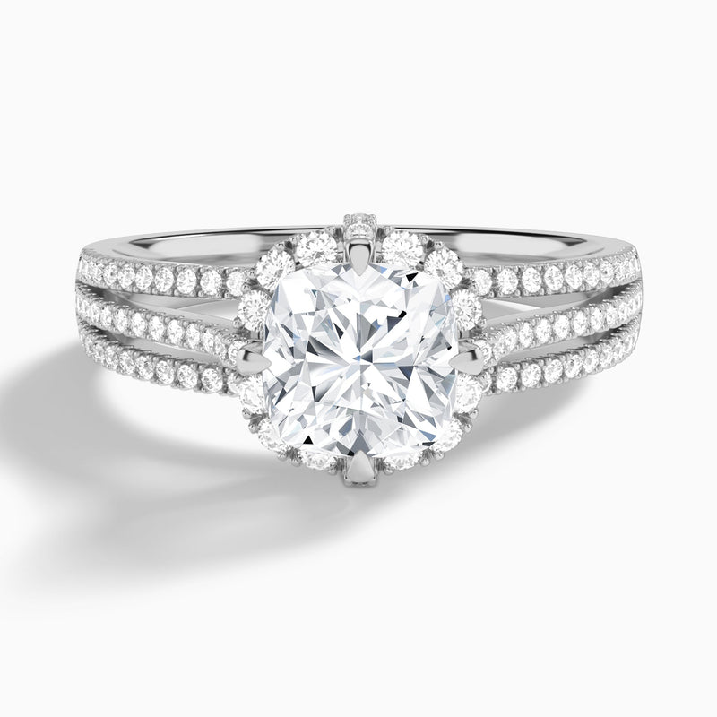 Cushion Split Shank Halo Lab Grown Diamond Engagement Ring In 18K White Gold - Lucenjuri