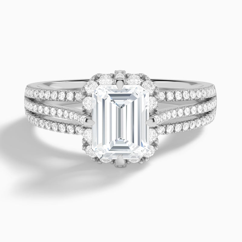 Emerald Split Shank Halo Lab Grown Diamond Engagement Ring In 14K White Gold - Lucenjuri