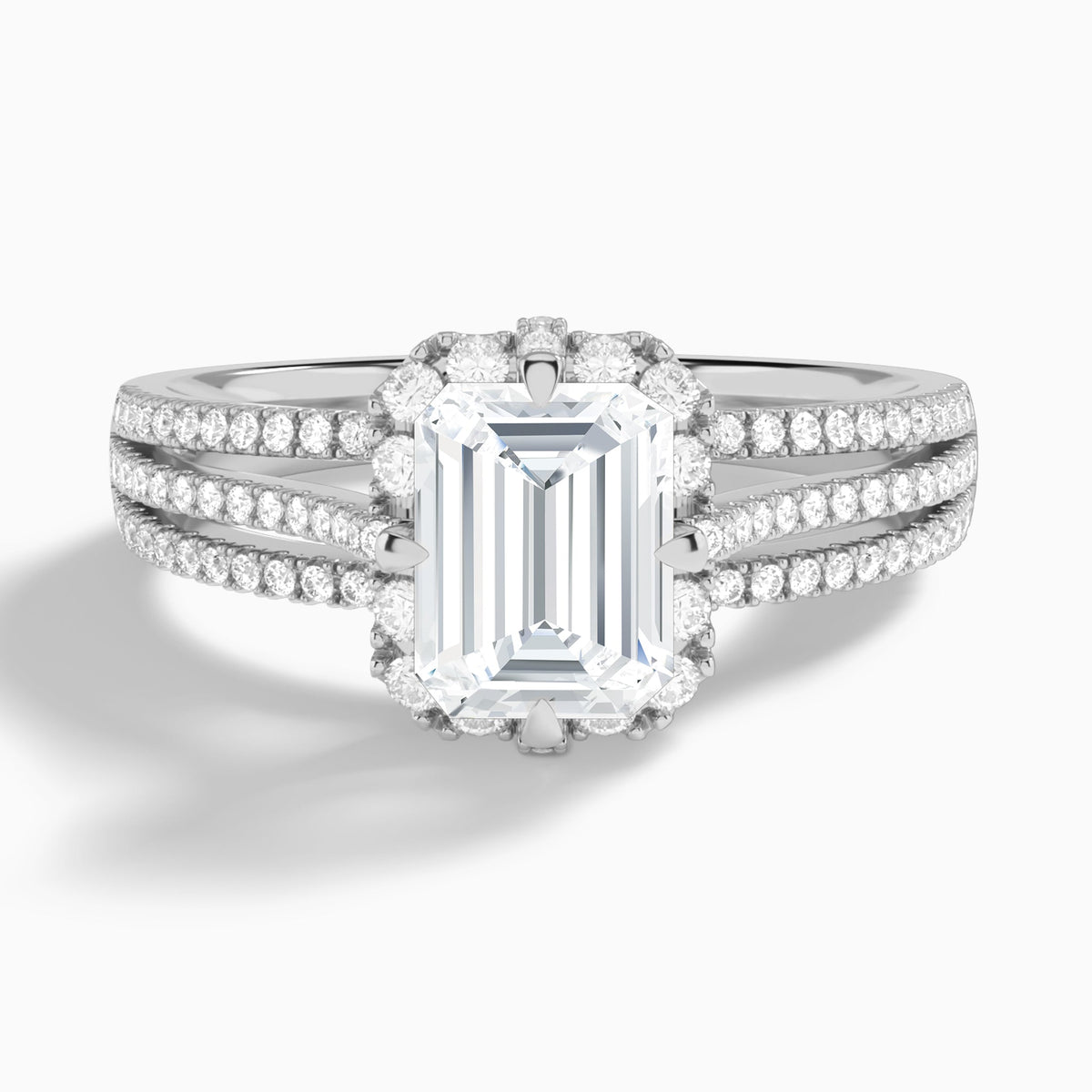 Emerald Split Shank Halo Lab Grown Diamond Engagement Ring In 18K White Gold - Lucenjuri