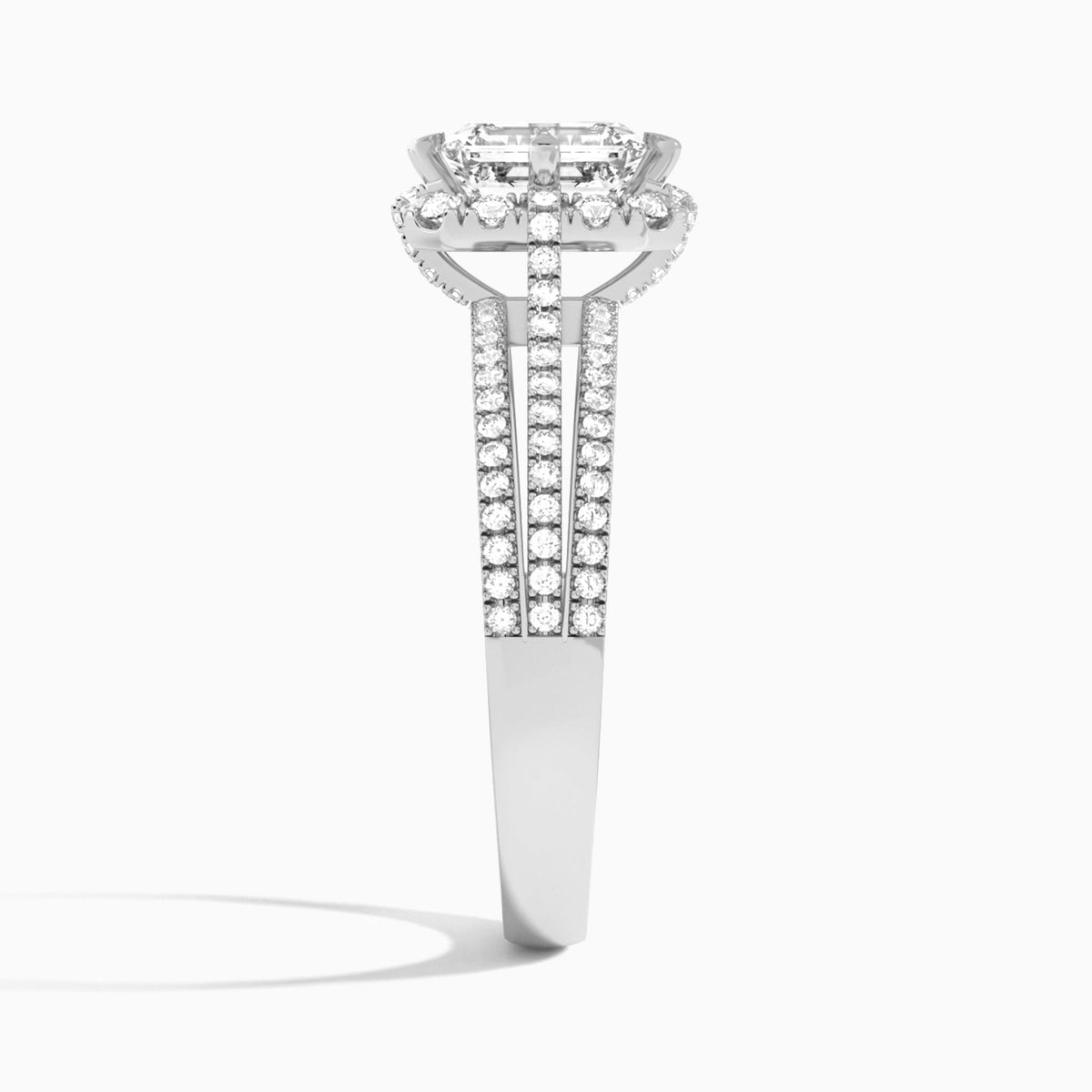 Emerald Split Shank Halo Lab Grown Diamond Engagement Ring In 18K White Gold, Side View