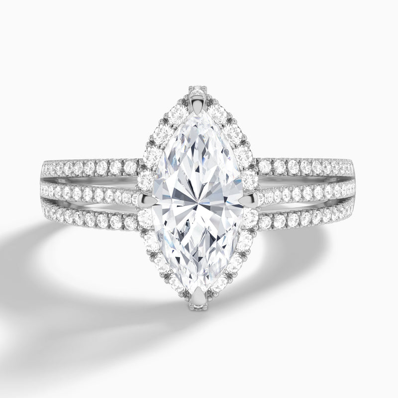 Marquise Split Shank Halo Lab Grown Diamond Engagement Ring In 18K White Gold - Lucenjuri