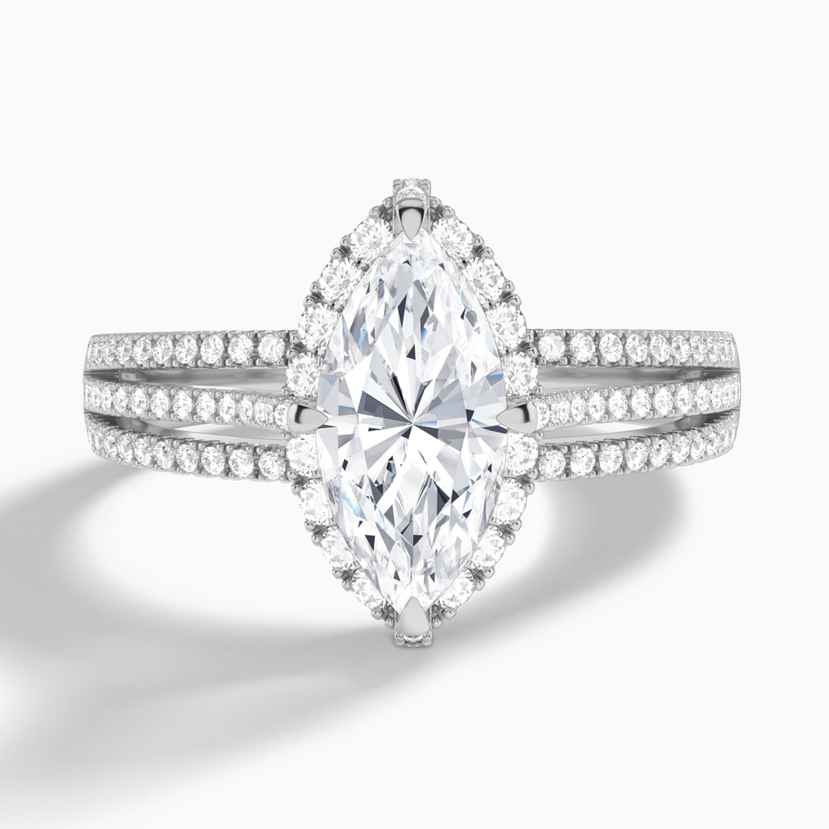 Marquise Split Shank Halo Lab Grown Diamond Engagement Ring In 18K White Gold - Lucenjuri