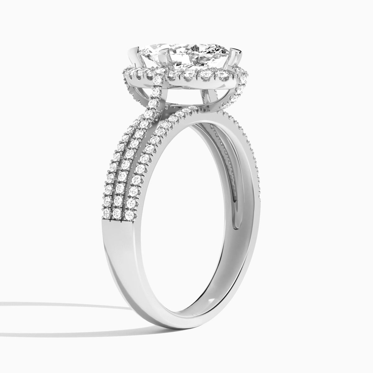 Marquise Split Shank Halo Lab Grown Diamond Engagement Ring In 14K White Gold, Angle View