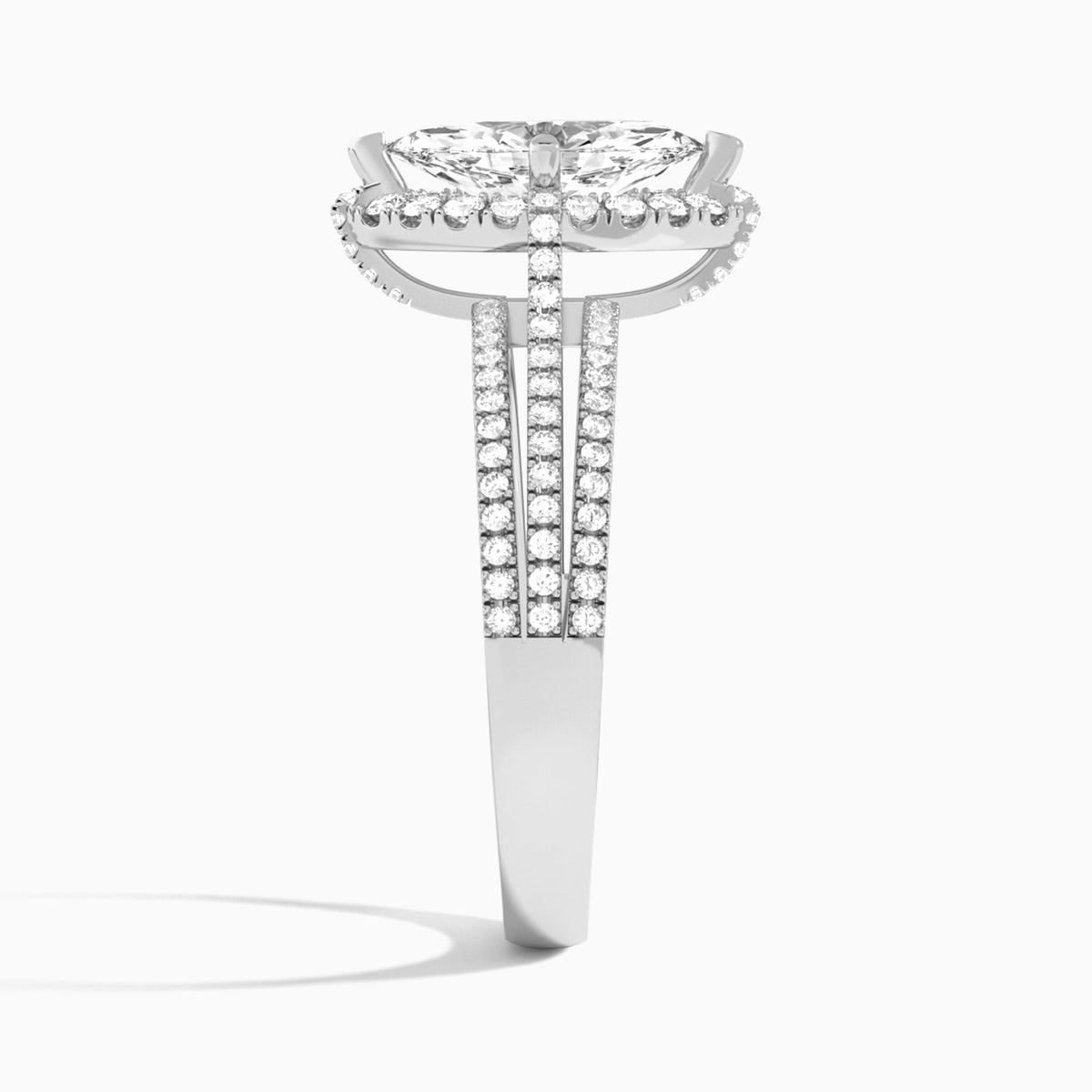 Marquise Split Shank Halo Lab Grown Diamond Engagement Ring In 18K White Gold, Side View