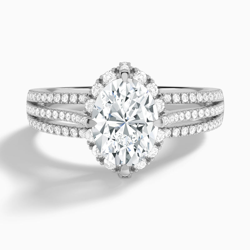 Oval Split Shank Halo Lab Grown Diamond Engagement Ring In 18K White Gold - Lucenjuri