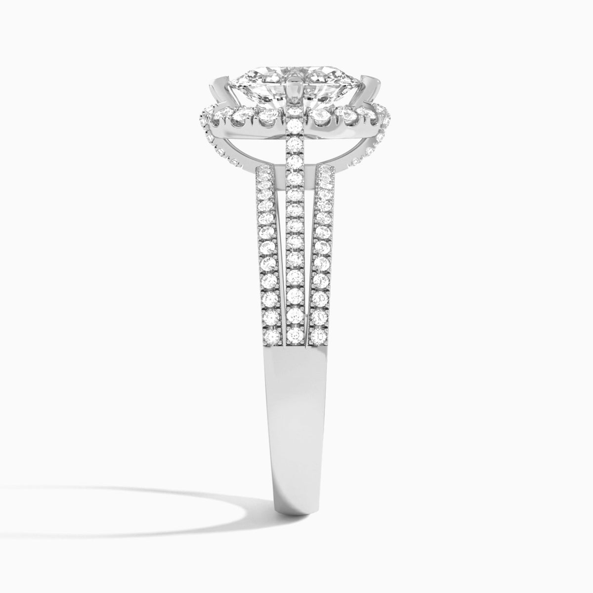 Oval Split Shank Halo Lab Grown Diamond Engagement Ring In 18K White Gold, Side View