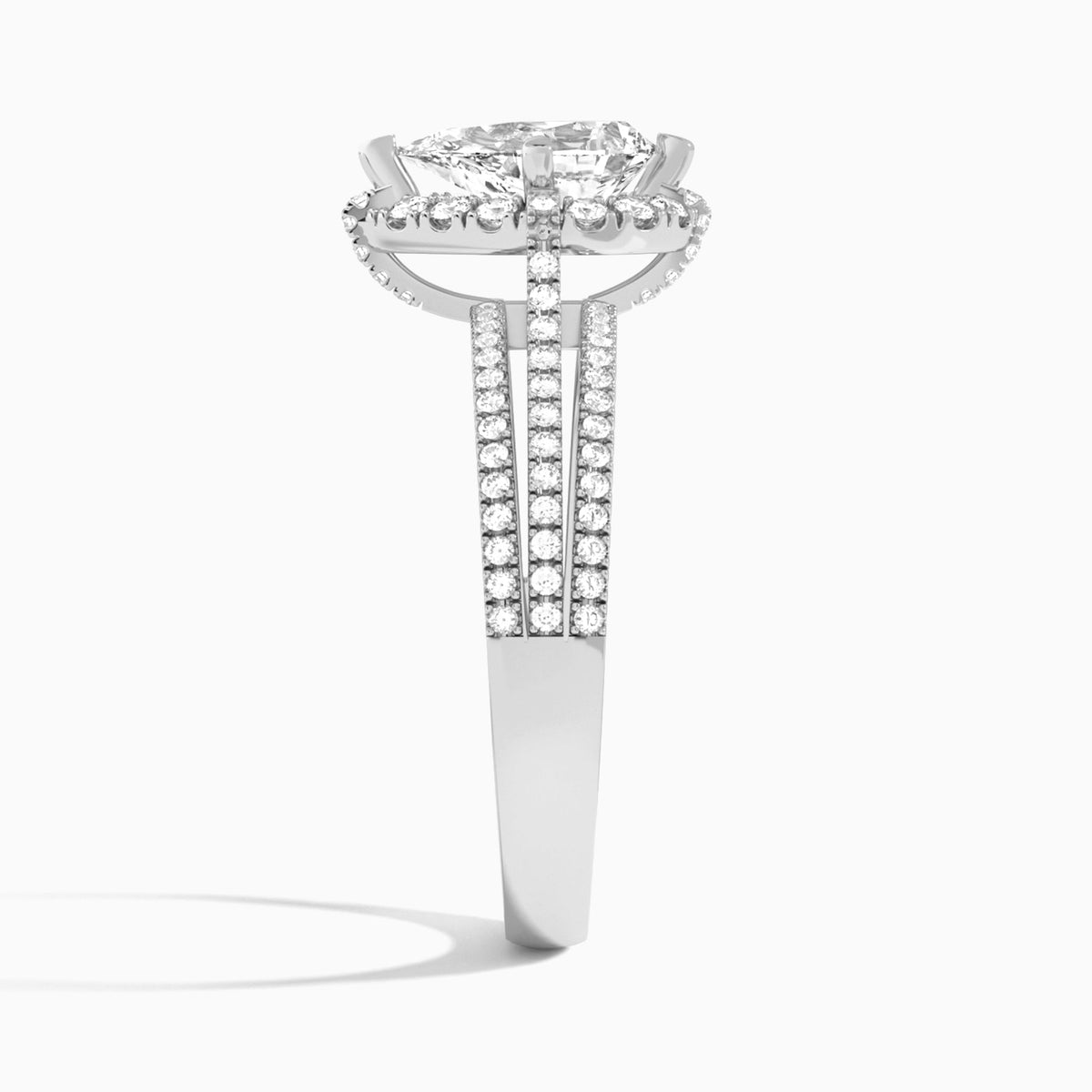Pear Split Shank Halo Lab Grown Diamond Engagement Ring In 18K White Gold, Side View