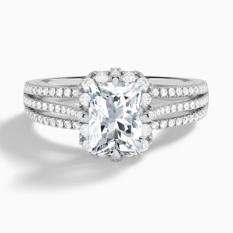 Radiant Split Shank Halo Lab Grown Diamond Engagement Ring In 14K White Gold - Lucenjuri