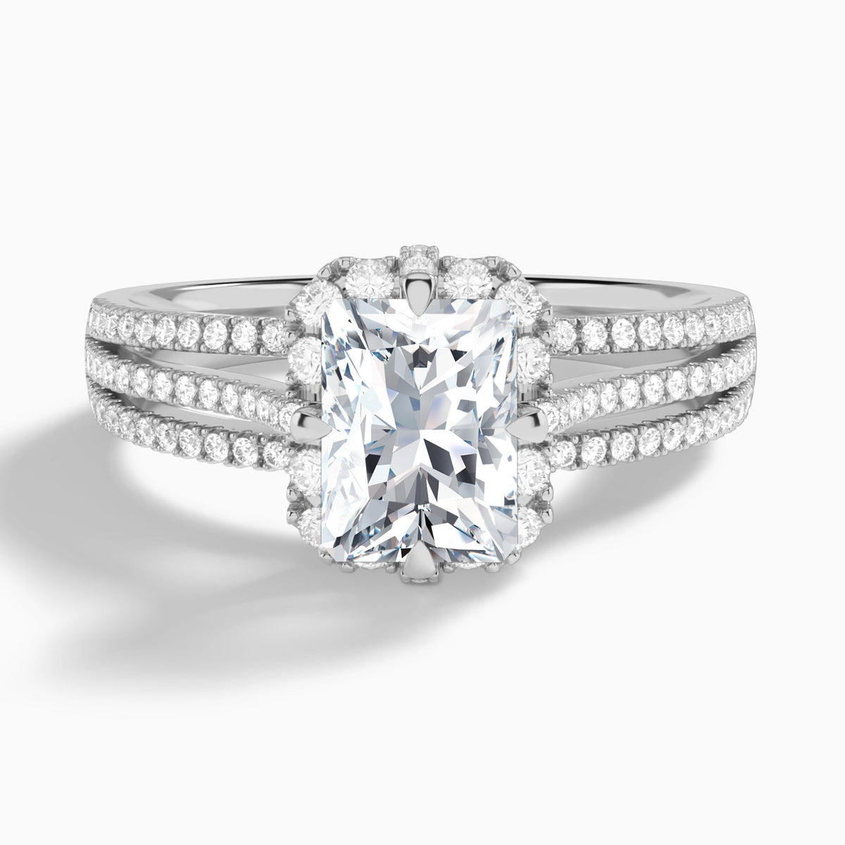 Radiant Split Shank Halo Lab Grown Diamond Engagement Ring In 14K White Gold - Lucenjuri