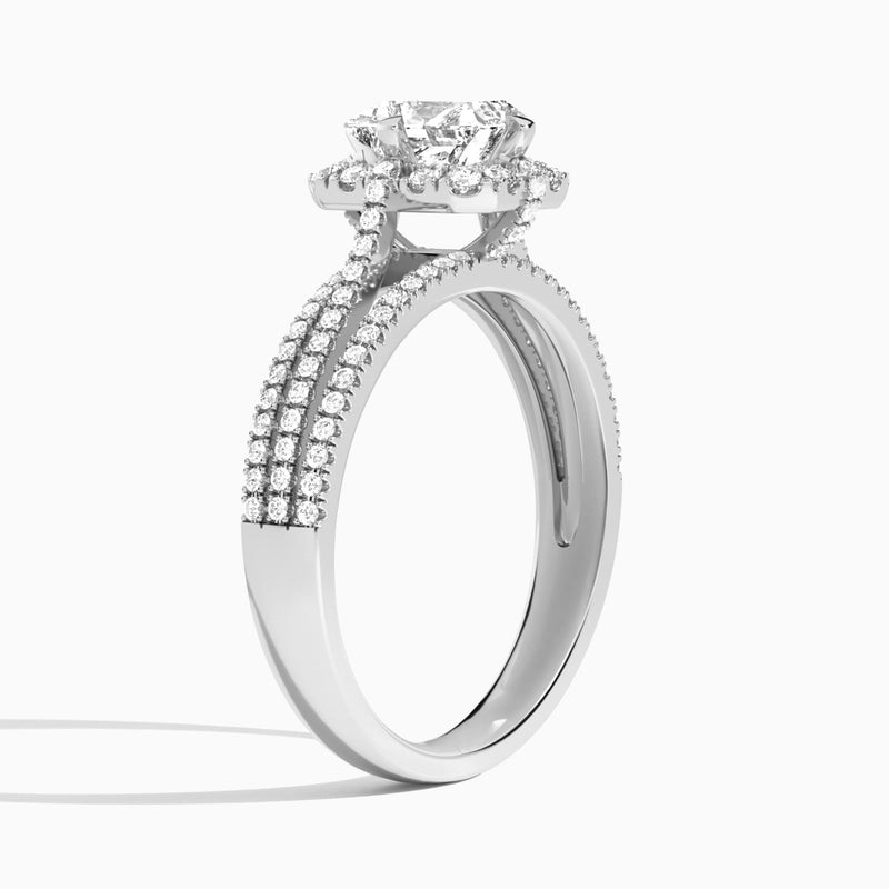 Radiant Split Shank Halo Lab Grown Diamond Engagement Ring In 14K White Gold, Angle View