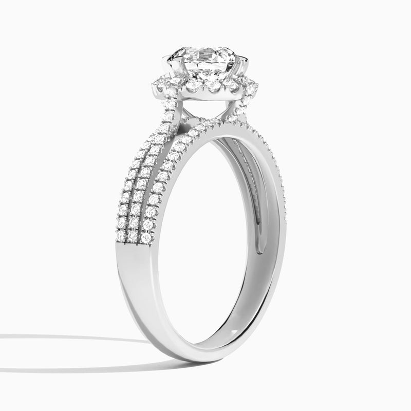 Round Split Shank Halo Lab Grown Diamond Engagement Ring In 18K White Gold, Angle View