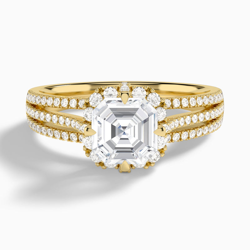 Asscher Split Shank Halo Lab Grown Diamond Engagement Ring In 14K Yellow Gold - Lucenjuri