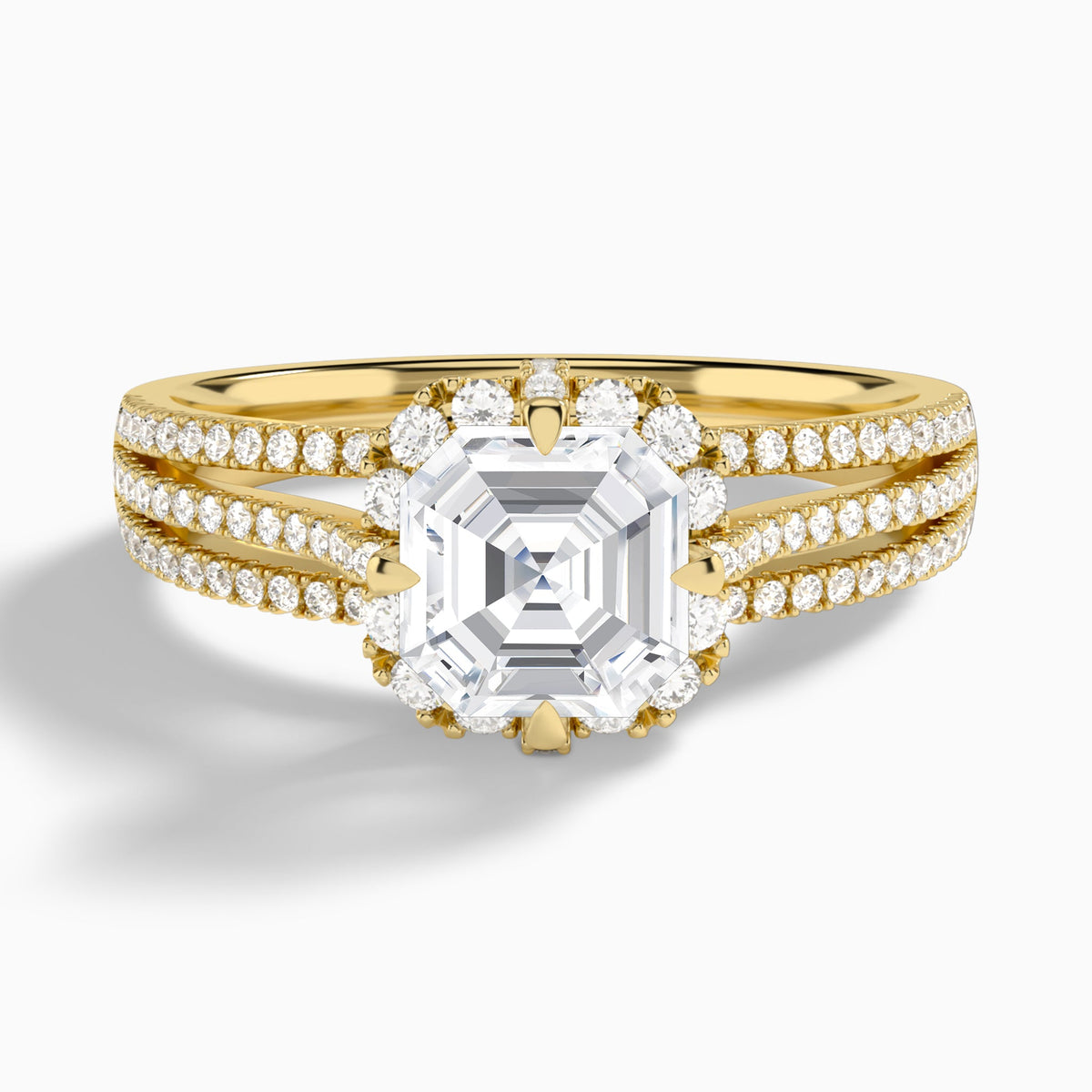 Asscher Split Shank Halo Lab Grown Diamond Engagement Ring In 14K Yellow Gold - Lucenjuri