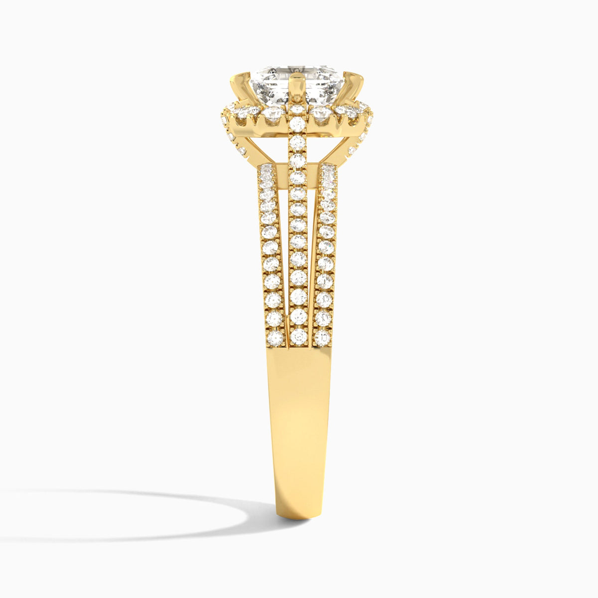 Asscher Split Shank Halo Lab Grown Diamond Engagement Ring In 14K Yellow Gold, Side View