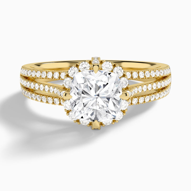 Cushion Split Shank Halo Lab Grown Diamond Engagement Ring In 14K Yellow Gold - Lucenjuri