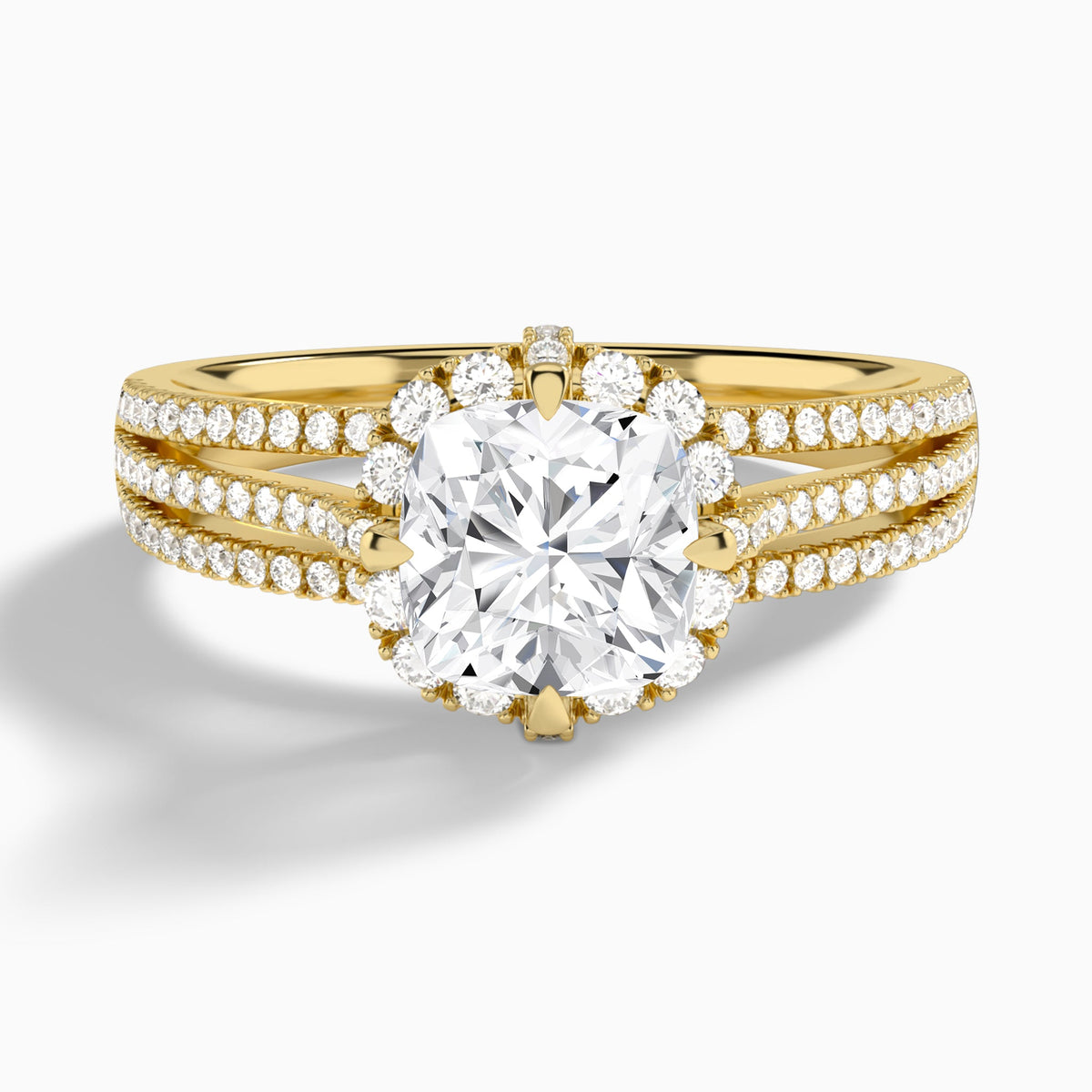 Cushion Split Shank Halo Lab Grown Diamond Engagement Ring In 18K Yellow Gold - Lucenjuri