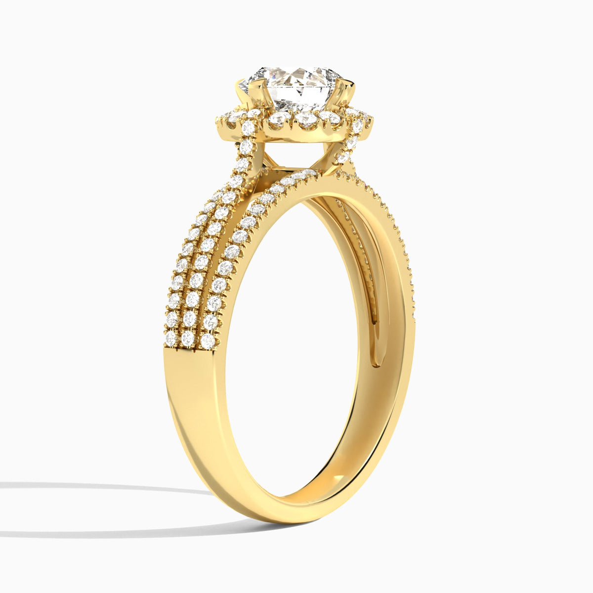 Cushion Split Shank Halo Lab Grown Diamond Engagement Ring In 14K Yellow Gold, Angle View