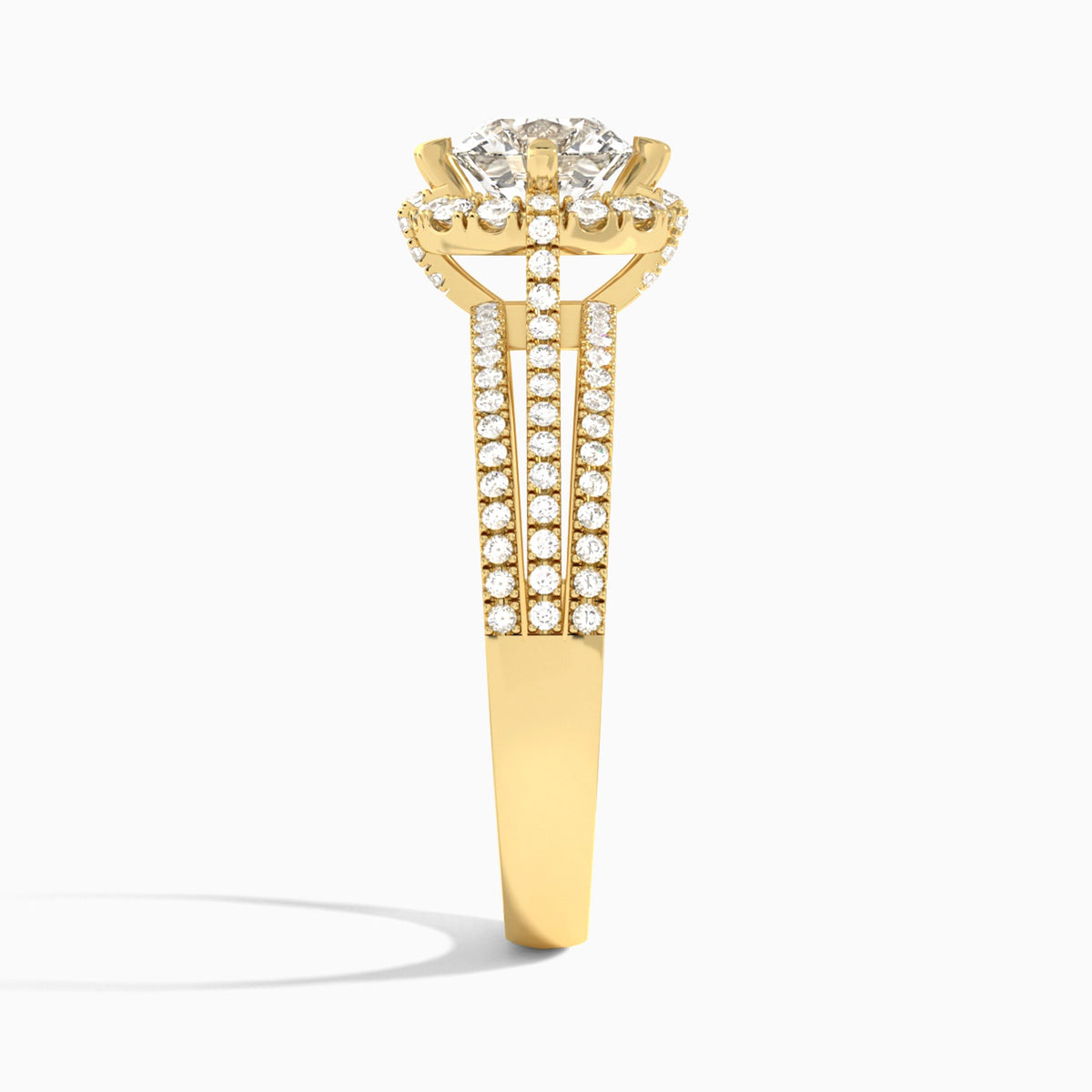 Cushion Split Shank Halo Lab Grown Diamond Engagement Ring In 14K Yellow Gold, Side View
