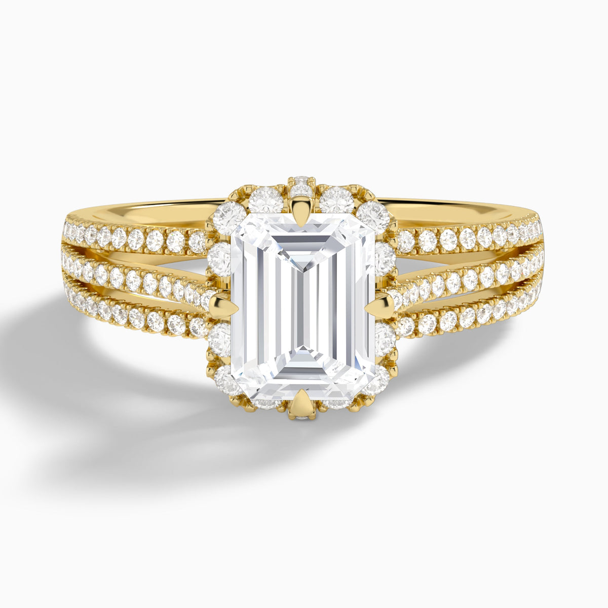 Emerald Split Shank Halo Lab Grown Diamond Engagement Ring In 18K Yellow Gold - Lucenjuri