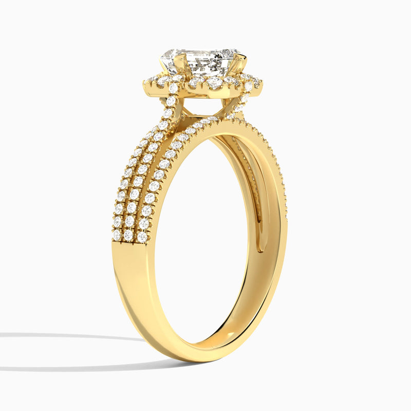 Emerald Split Shank Halo Lab Grown Diamond Engagement Ring In 14K Yellow Gold, Angle View