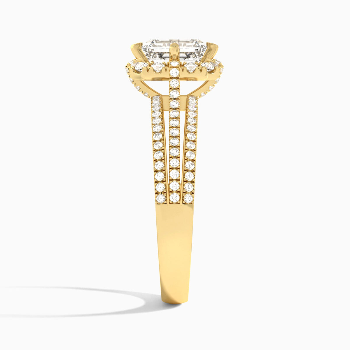 Emerald Split Shank Halo Lab Grown Diamond Engagement Ring In 18K Yellow Gold, Side View
