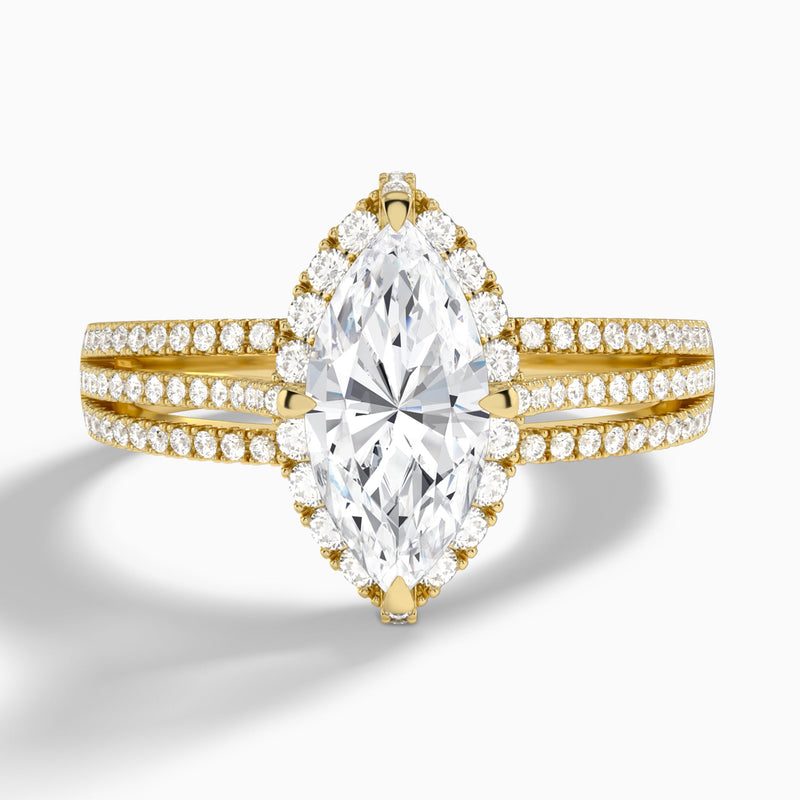 Marquise Split Shank Halo Lab Grown Diamond Engagement Ring In 18K Yellow Gold - Lucenjuri