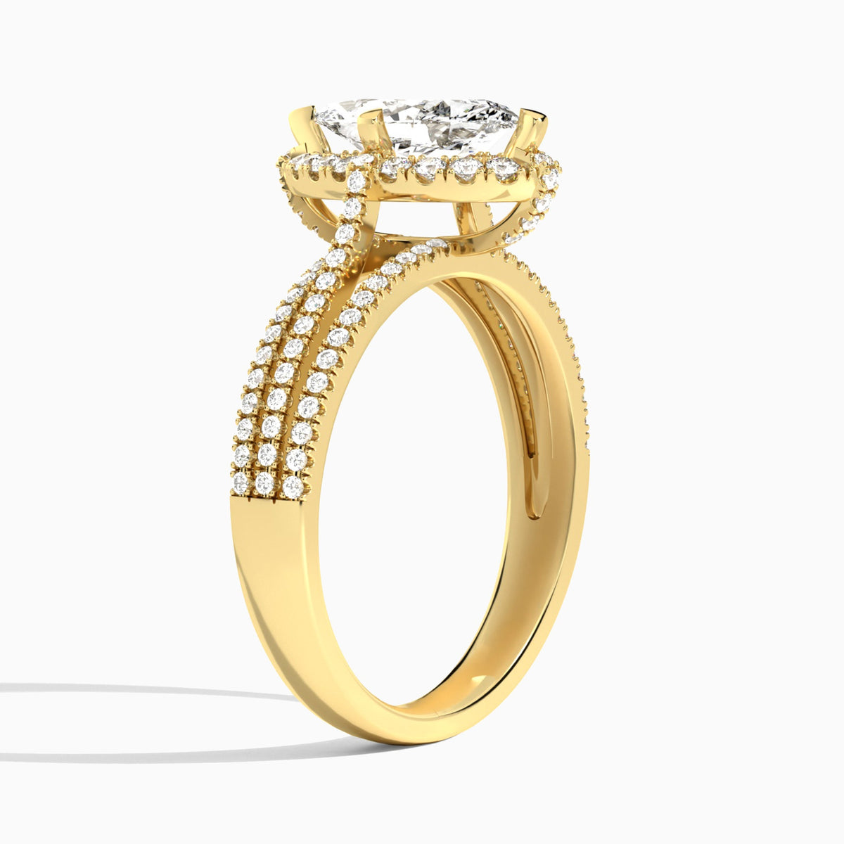 Marquise Split Shank Halo Lab Grown Diamond Engagement Ring In 14K Yellow Gold, Angle View