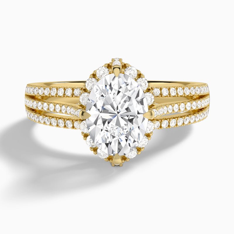 Oval Split Shank Halo Lab Grown Diamond Engagement Ring In 14K Yellow Gold - Lucenjuri