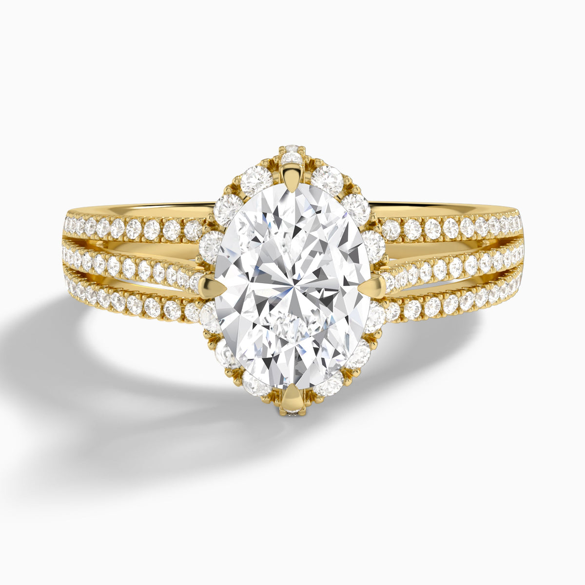 Oval Split Shank Halo Lab Grown Diamond Engagement Ring In 14K Yellow Gold - Lucenjuri