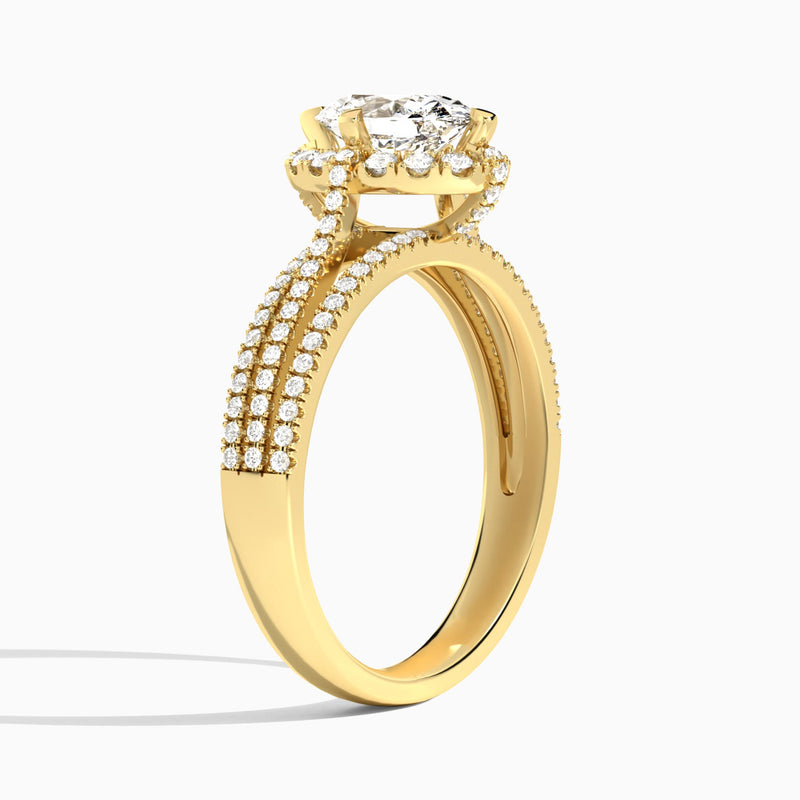Oval Split Shank Halo Lab Grown Diamond Engagement Ring In 14K Yellow Gold, Angle View