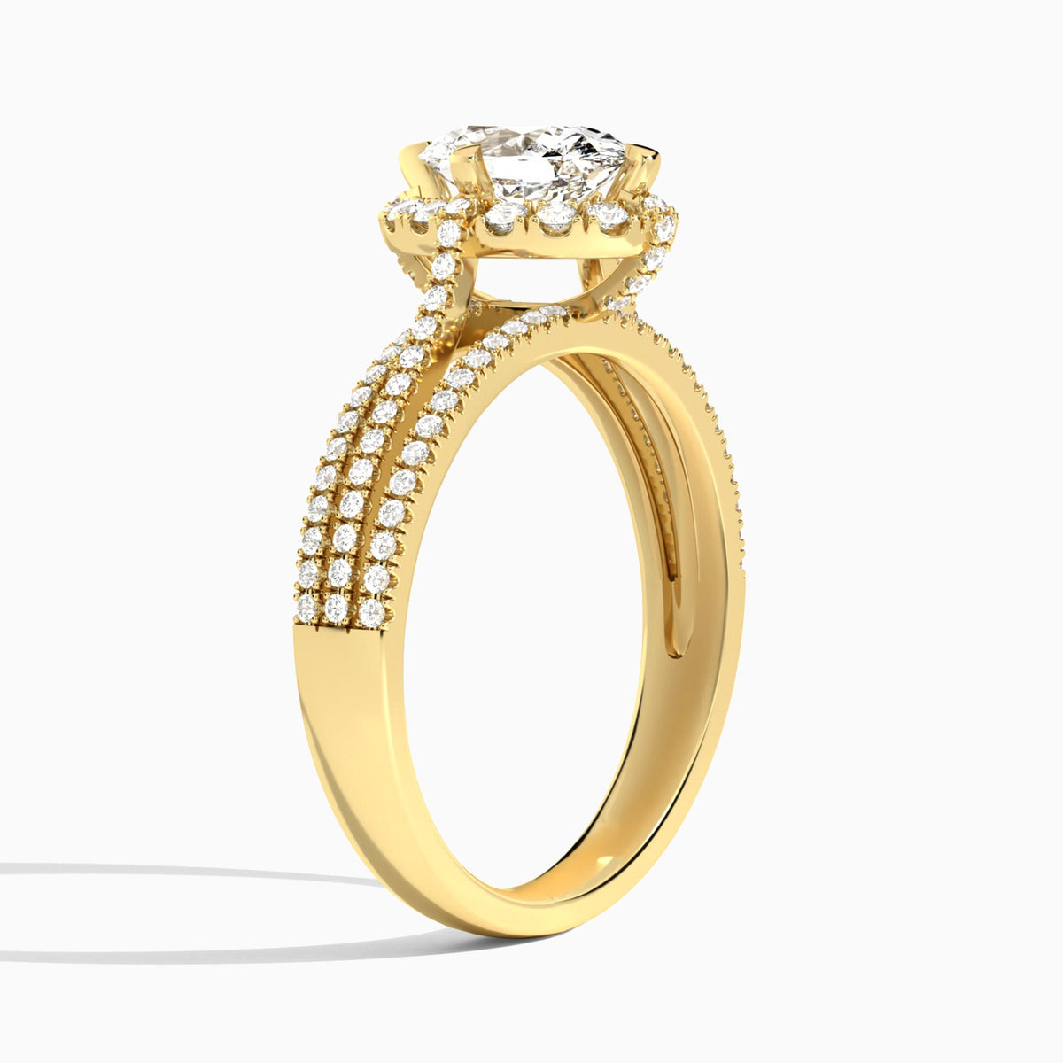 Oval Split Shank Halo Lab Grown Diamond Engagement Ring In 18K Yellow Gold, Angle View