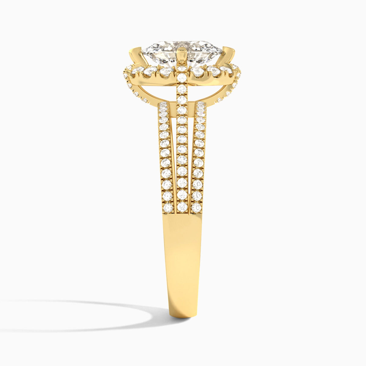 Oval Split Shank Halo Lab Grown Diamond Engagement Ring In 14K Yellow Gold, Side View