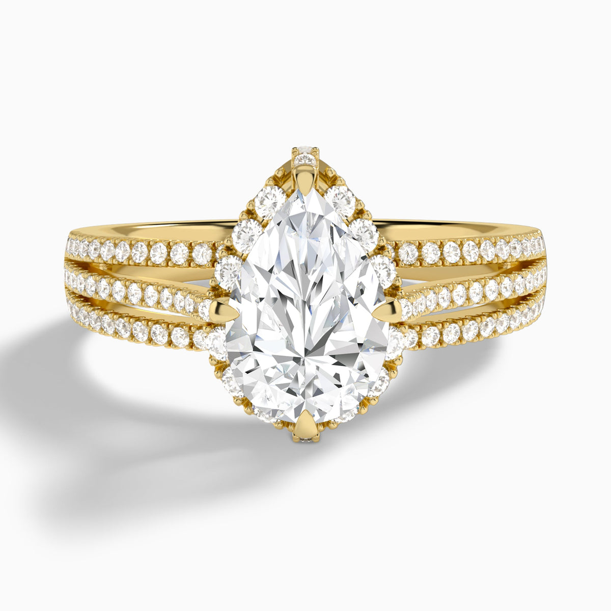 Pear Split Shank Halo Lab Grown Diamond Engagement Ring In 18K Yellow Gold - Lucenjuri