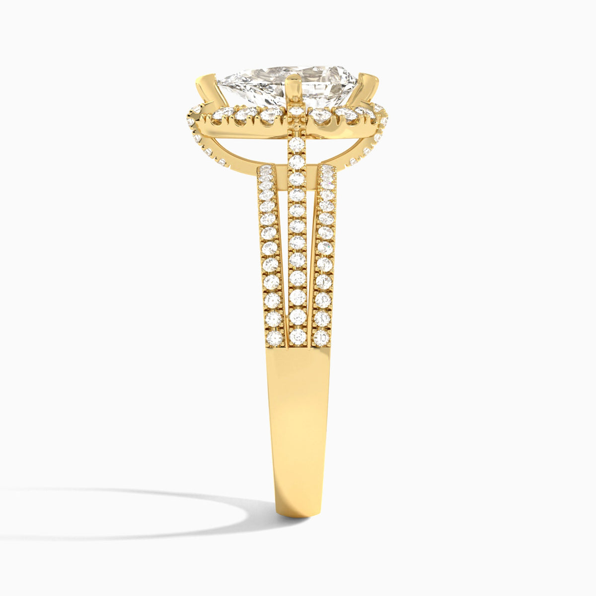Pear Split Shank Halo Lab Grown Diamond Engagement Ring In 18K Yellow Gold, Side View