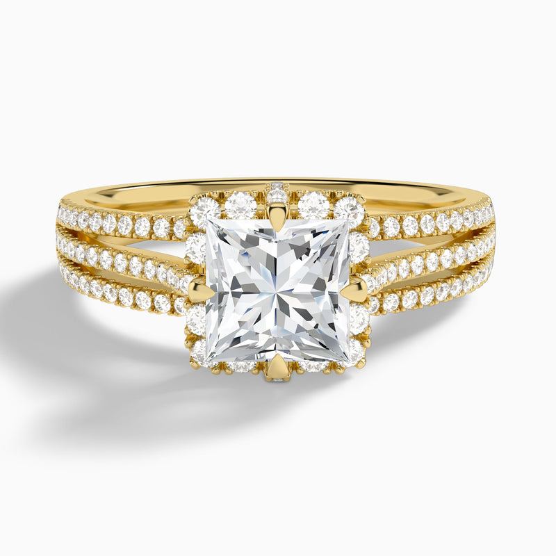 Princess Split Shank Halo Lab Grown Diamond Engagement Ring In 14K Yellow Gold - Lucenjuri