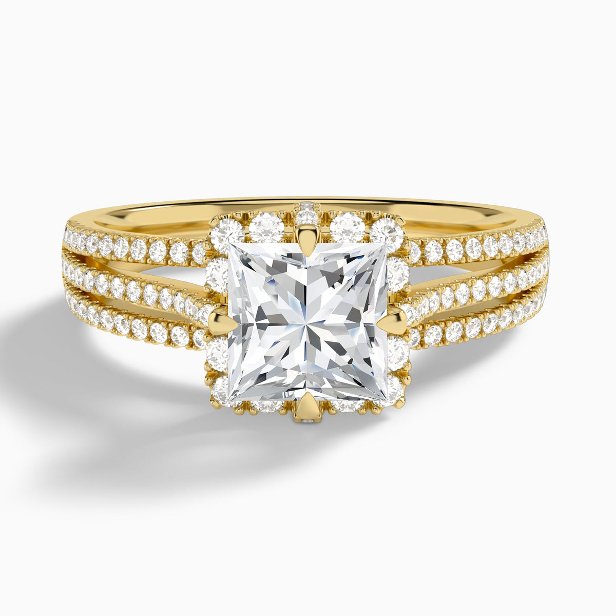 Princess Split Shank Halo Lab Grown Diamond Engagement Ring In 14K Yellow Gold - Lucenjuri
