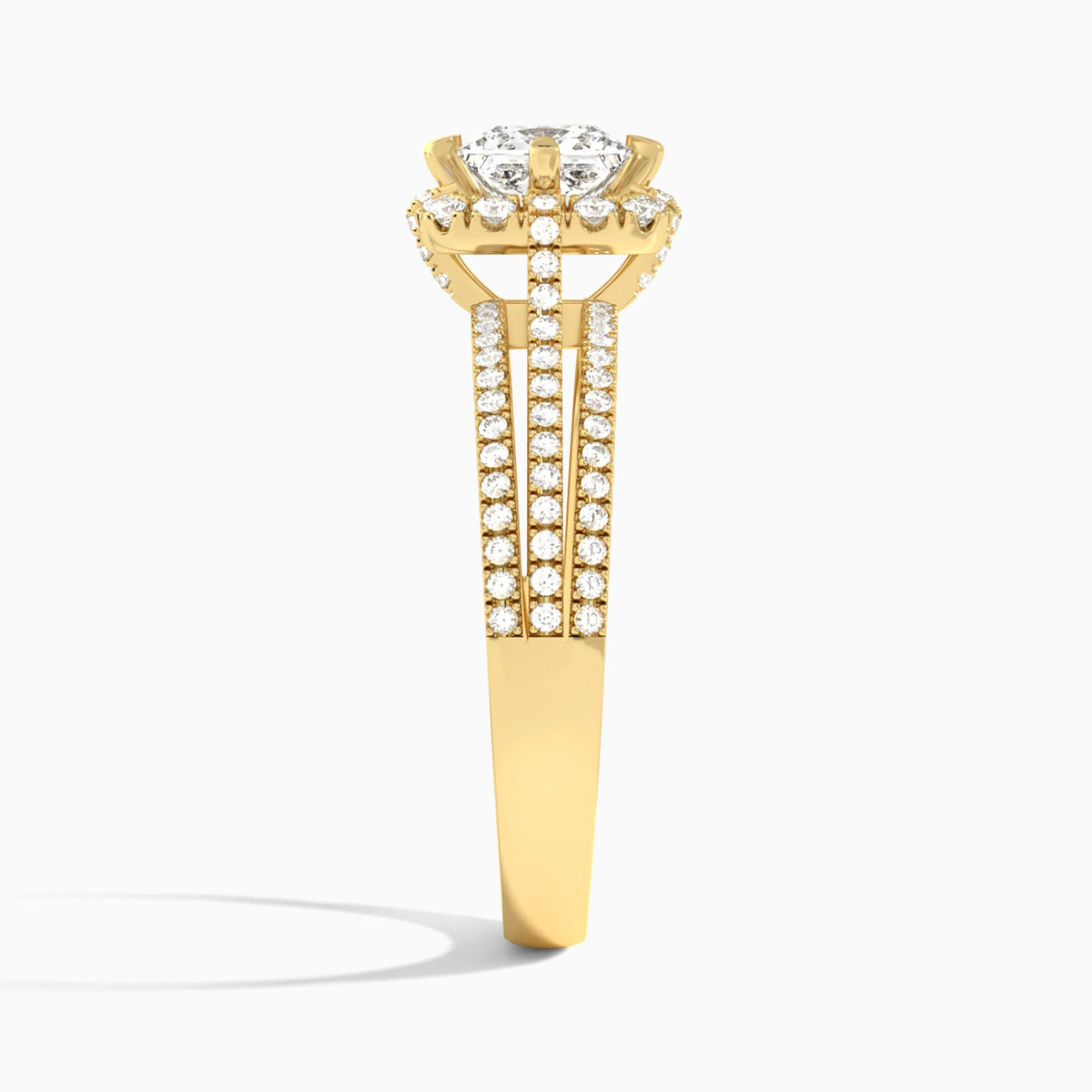 Princess Split Shank Halo Lab Grown Diamond Engagement Ring In 14K Yellow Gold, Side View