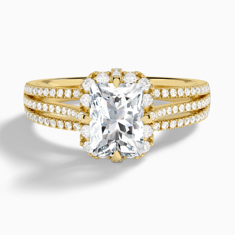 Radiant Split Shank Halo Lab Grown Diamond Engagement Ring In 14K Yellow Gold - Lucenjuri