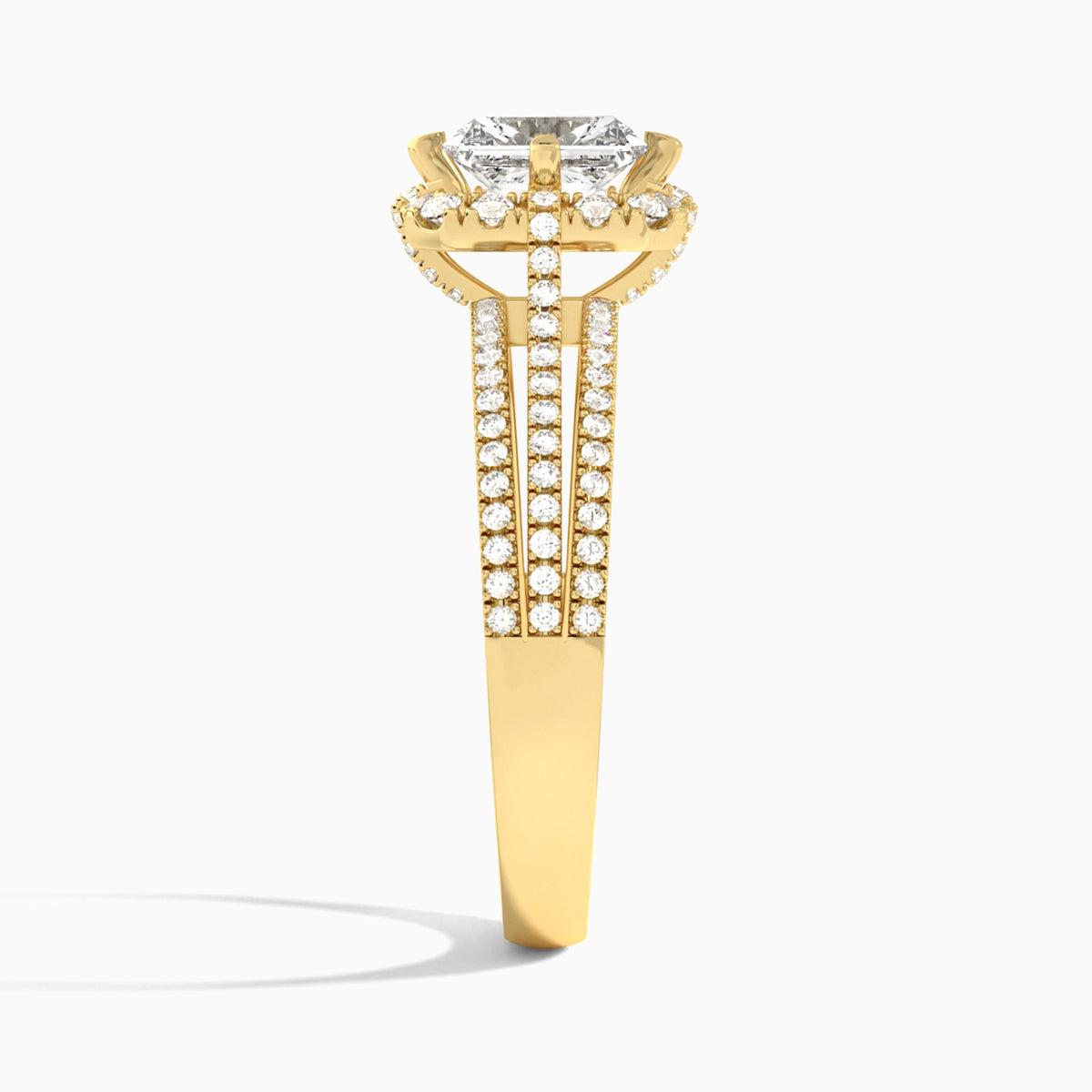Radiant Split Shank Halo Lab Grown Diamond Engagement Ring In 14K Yellow Gold, Side View