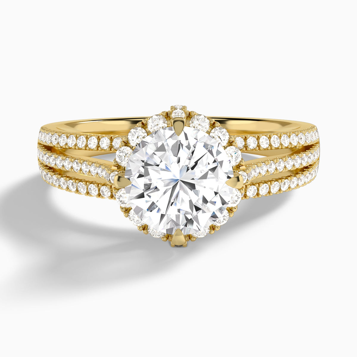 Round Split Shank Halo Lab Grown Diamond Engagement Ring In 14K Yellow Gold - Lucenjuri