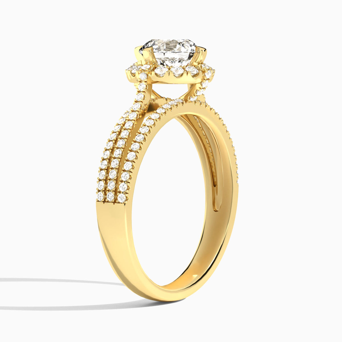 Round Split Shank Halo Lab Grown Diamond Engagement Ring In 14K Yellow Gold, Angle View