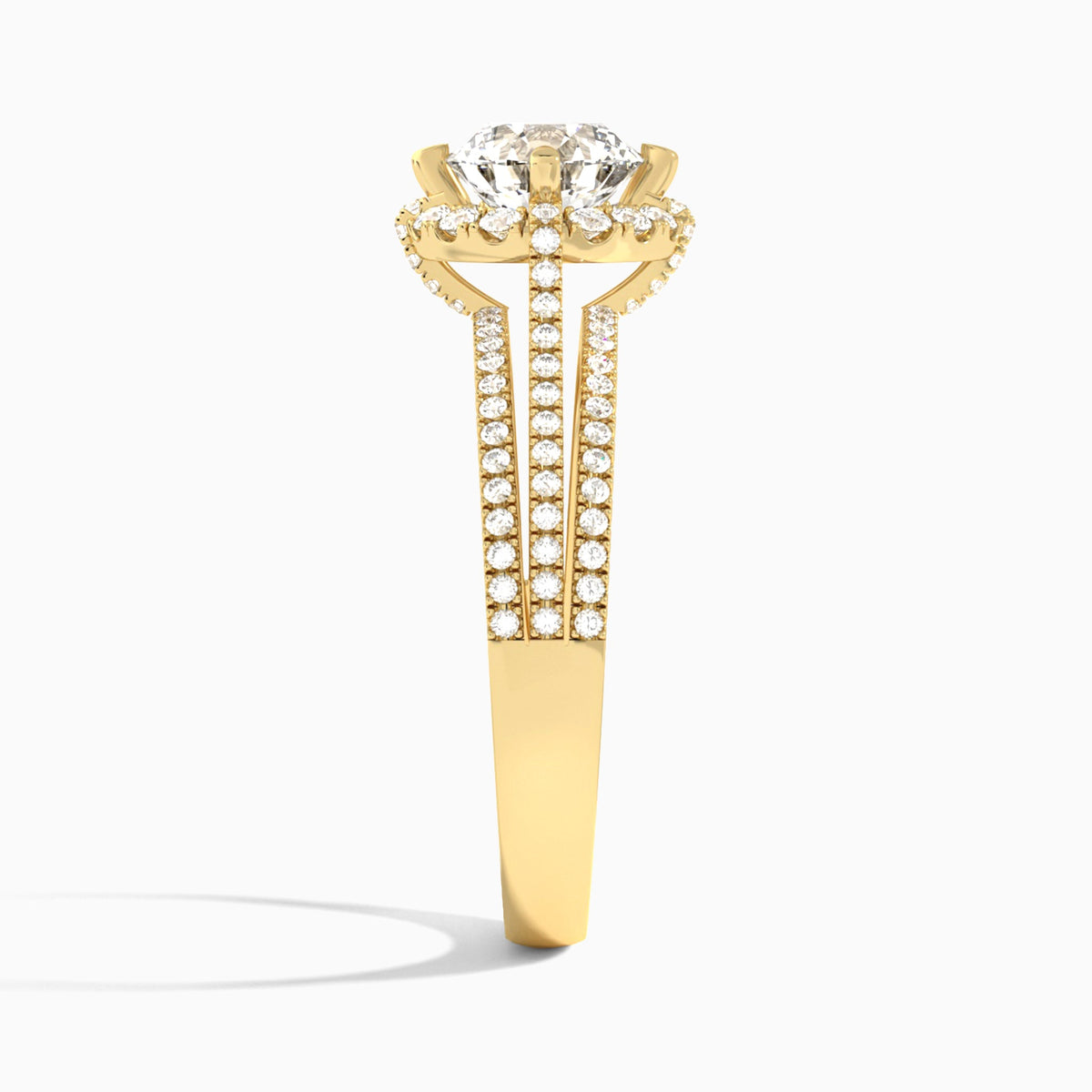 Round Split Shank Halo Lab Grown Diamond Engagement Ring In 14K Yellow Gold, Side View