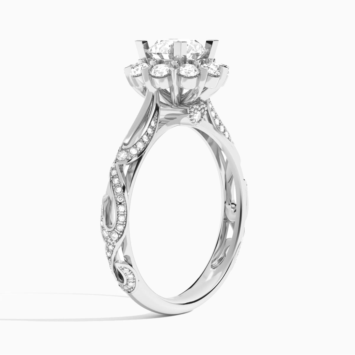 Round Majestic Bloom Lab Grown Diamond Engagement Ring In Platinum, Angle View