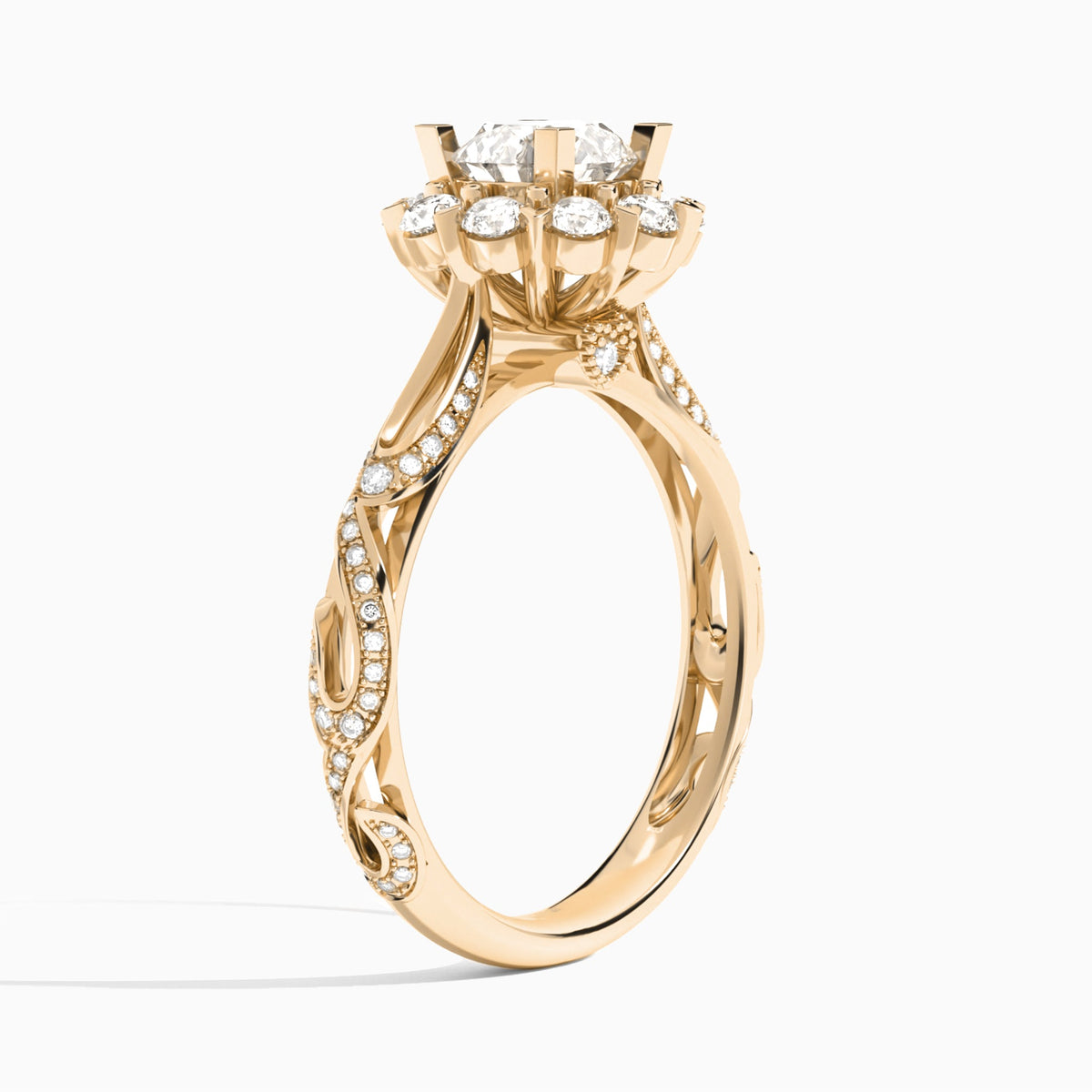 Round Majestic Bloom Lab Grown Diamond Engagement Ring In 14K Rose Gold, Angle View