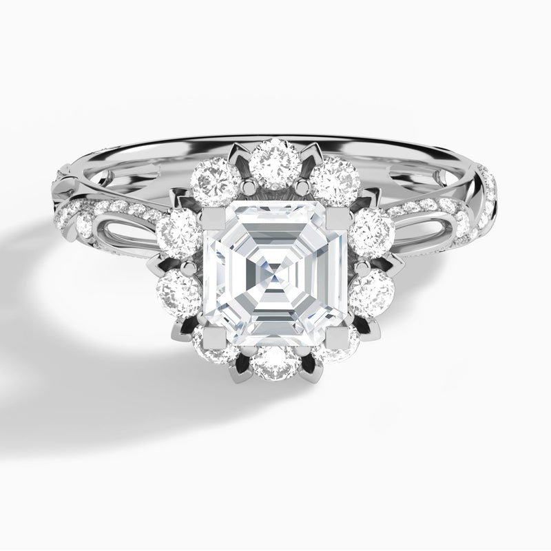 Asscher Majestic Bloom Lab Diamond Engagement Ring In 18K White Gold - Lucenjuri