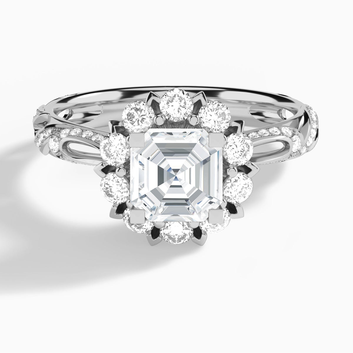 Asscher Majestic Bloom Lab Diamond Engagement Ring In 14K White Gold - Lucenjuri