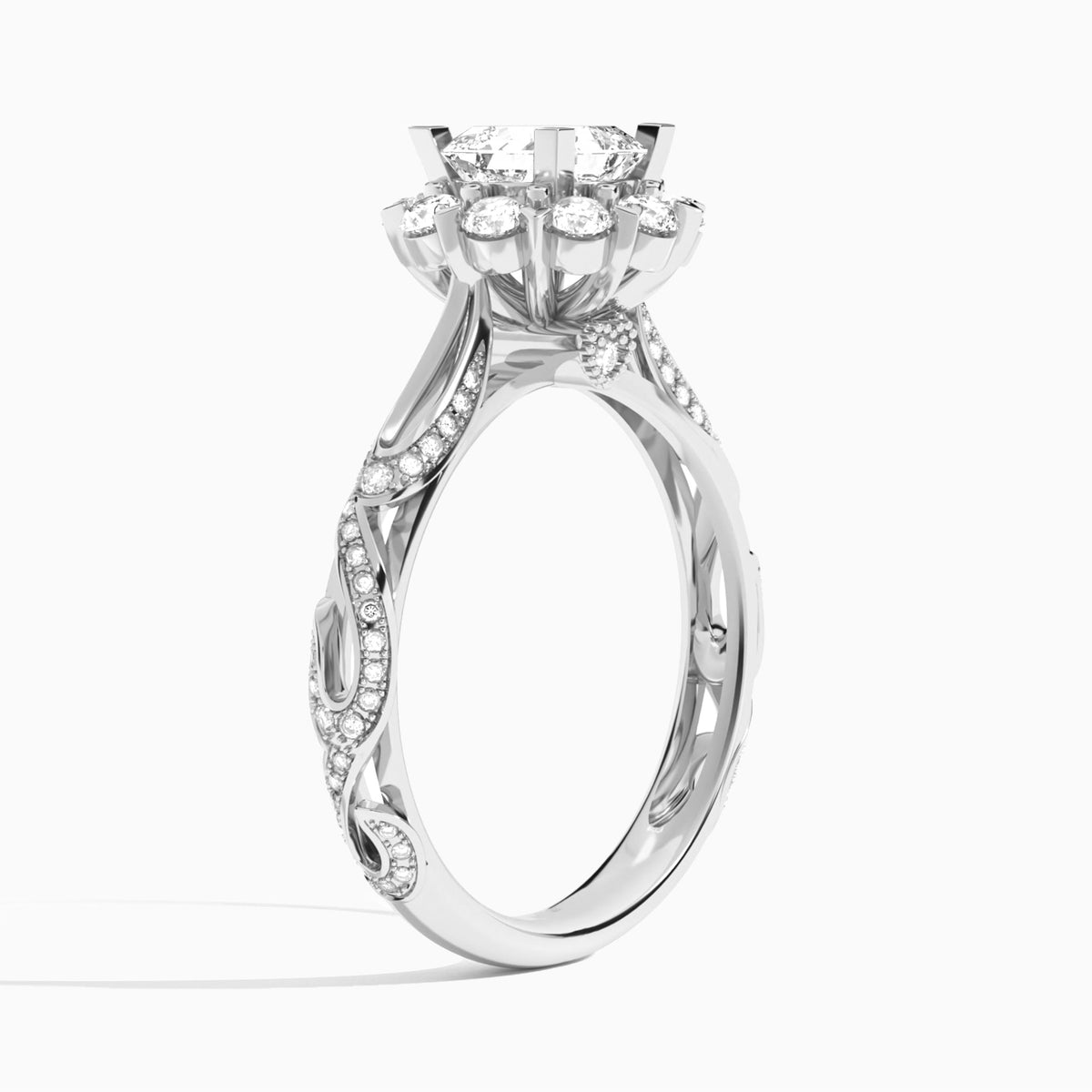 Asscher Majestic Bloom Lab Diamond Engagement Ring In 14K White Gold, Angle View
