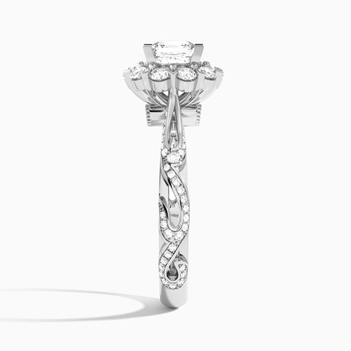Asscher Majestic Bloom Lab Diamond Engagement Ring In 14K White Gold, Side View