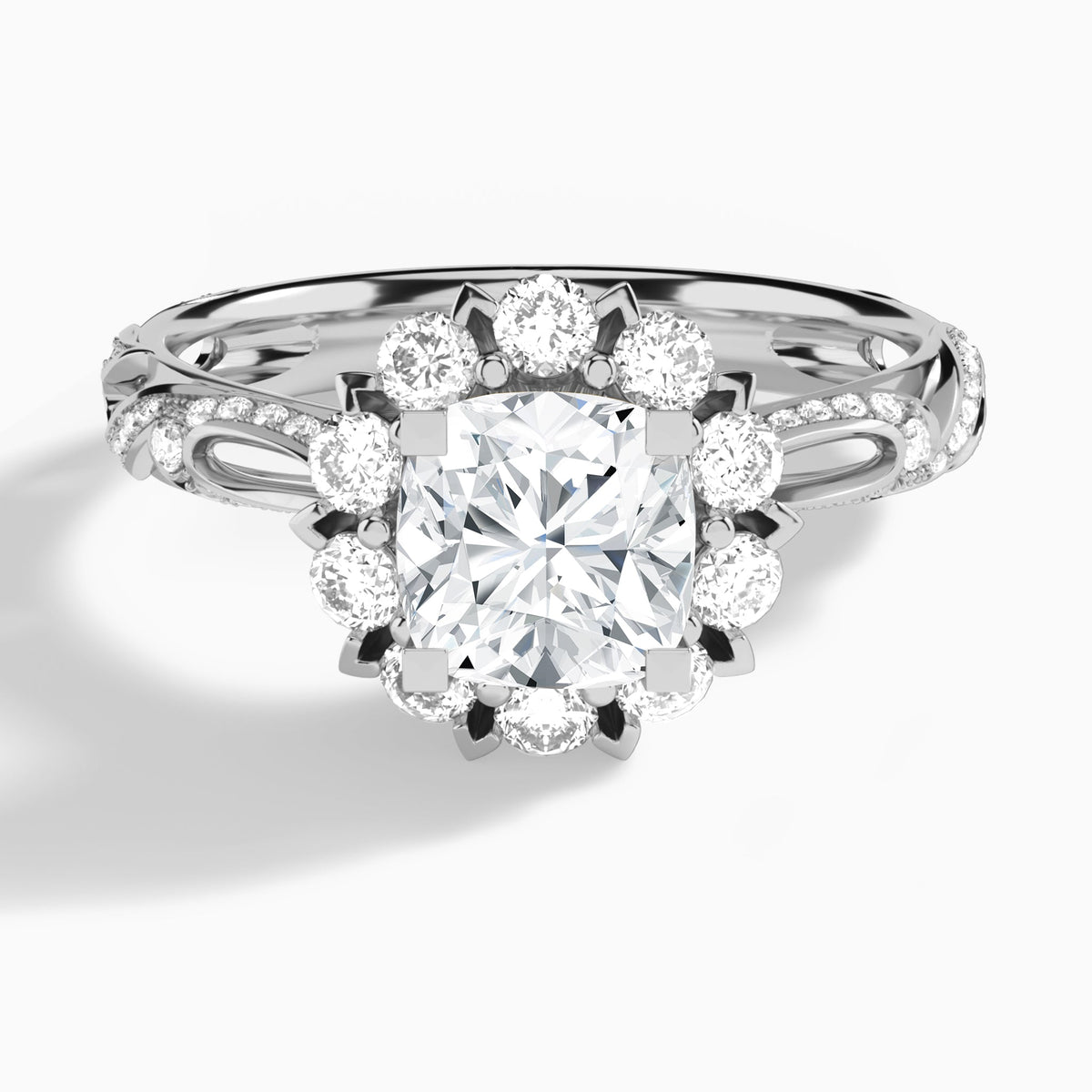Cushion Majestic Bloom Lab Diamond Engagement Ring In 18K White Gold - Lucenjuri
