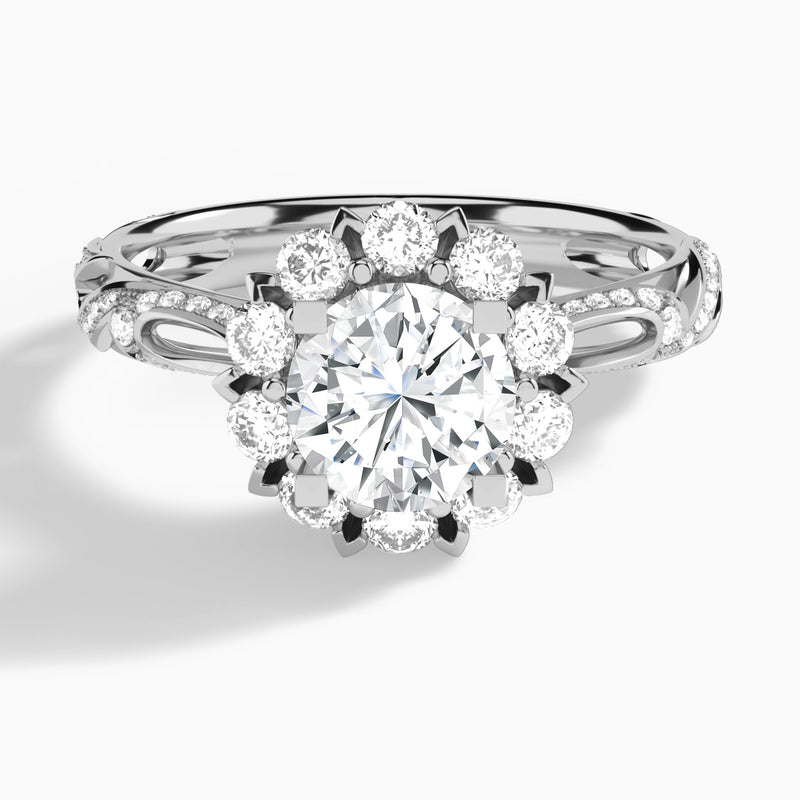 Round Majestic Bloom Lab Diamond Engagement Ring In 14K White Gold - Lucenjuri
